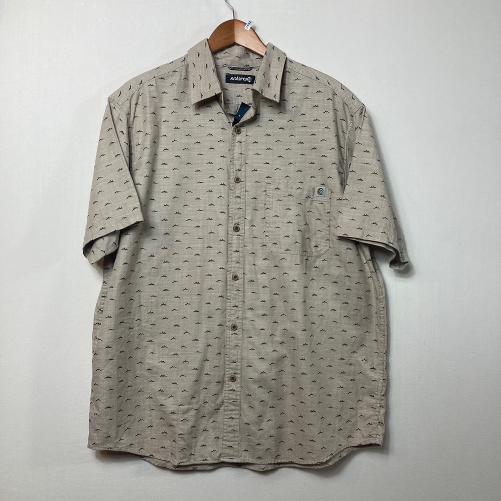 🏔️ Solaris Beige Short-Sleeve Button-Up Shirt w/Mountain print - 100% cotton